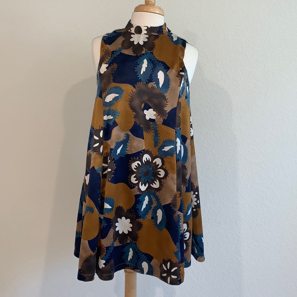 Moon River Floral A-Line Dress - Blue and Brown